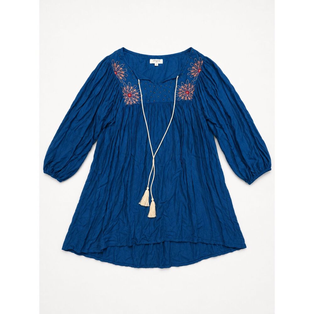 Umgee USA‎ Women’s Blue Embroidered Boho Tunic Dress Top Size M Rayon